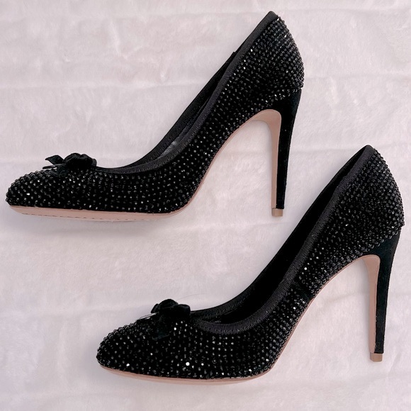 NEW Tory Burch Phoenix Black Suede Crystal Embellished Bow Round Toe Pumps - Picture 5 of 9